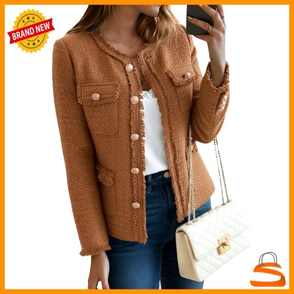 Tweed Blazer Shawl Collar Open Front Fringe Details Work Office Chic